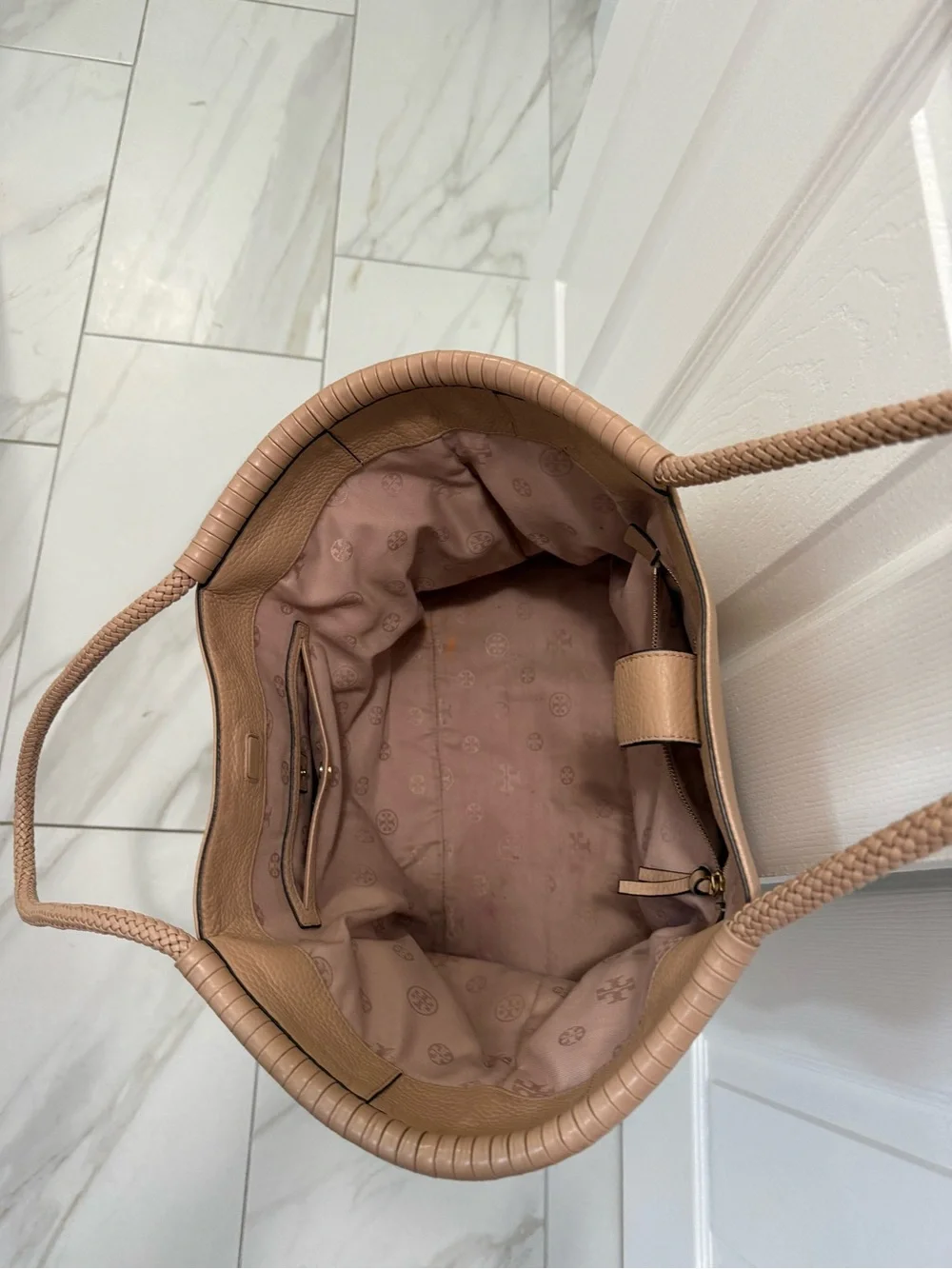 Tory Burch Camel Pebbled Leather Tote with Braided Handles - Taylor Tote